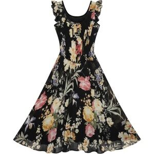 American Rag Floral Chiffon Handkerchief Hem Dress Black Sleeveless Ruffle XS